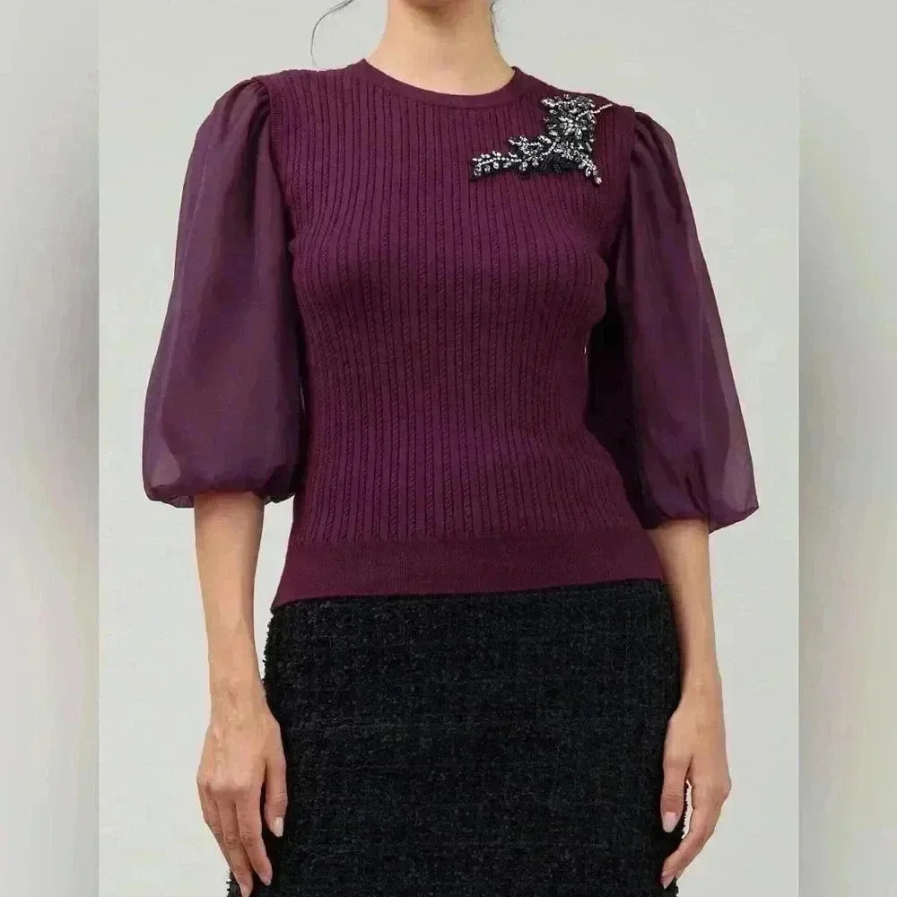 Organza‎ sleeve Women's combo  burgundy sweater size L